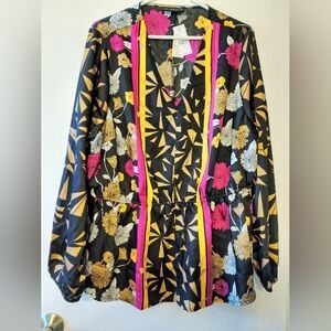 Lane Bryant Black Floral Blouse with Pink and Gold Accents
